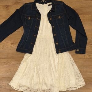 Denim Jacket with White Lace Dress